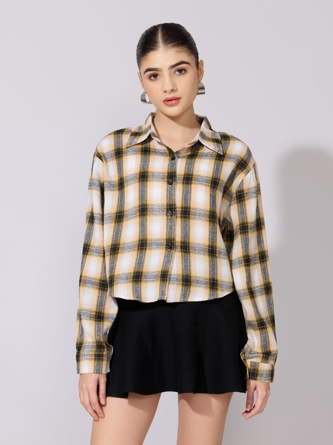 Women's Plaid Check Yellow Casual Button-Down Shirt