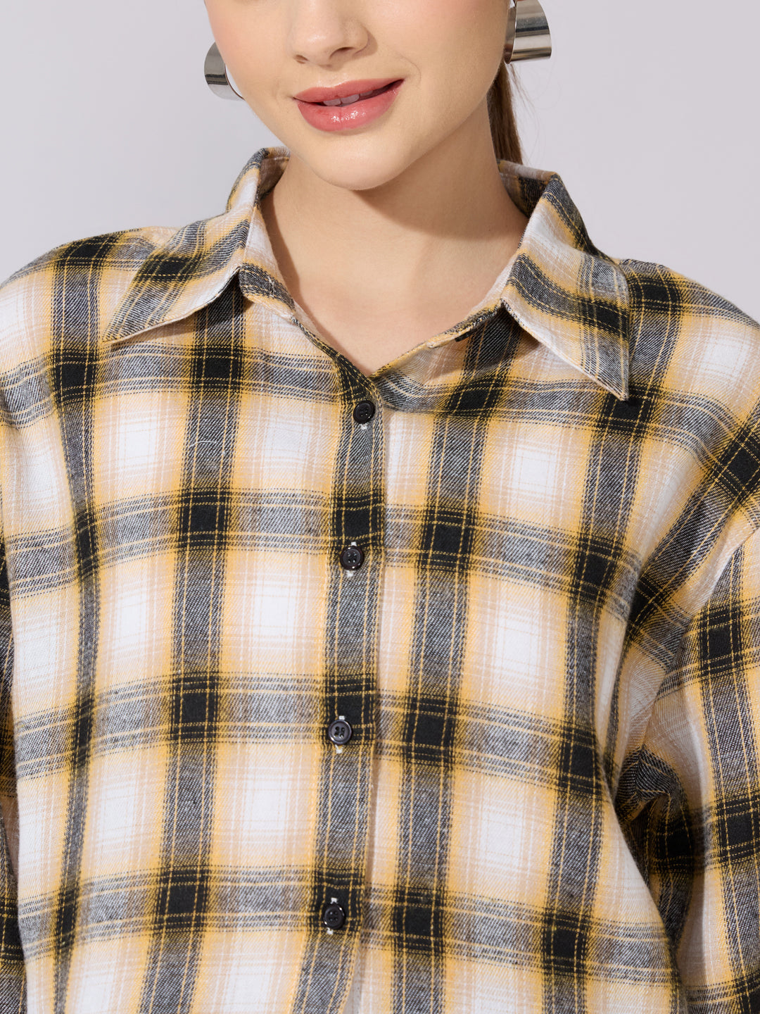 Women's Plaid Check Yellow Casual Button-Down Shirt