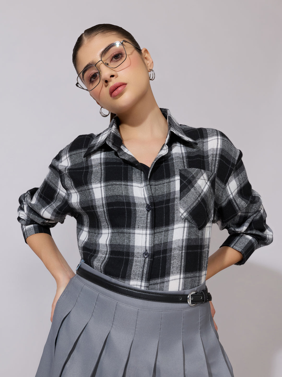 Women's Plaid Check Black Casual Button-Down Shirt