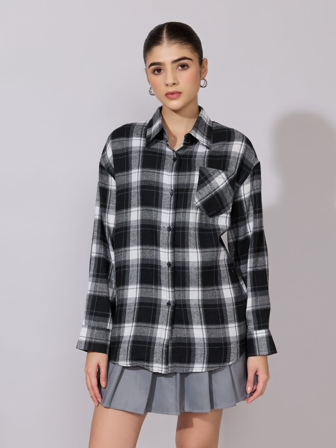 Women's Plaid Check Black Casual Button-Down Shirt
