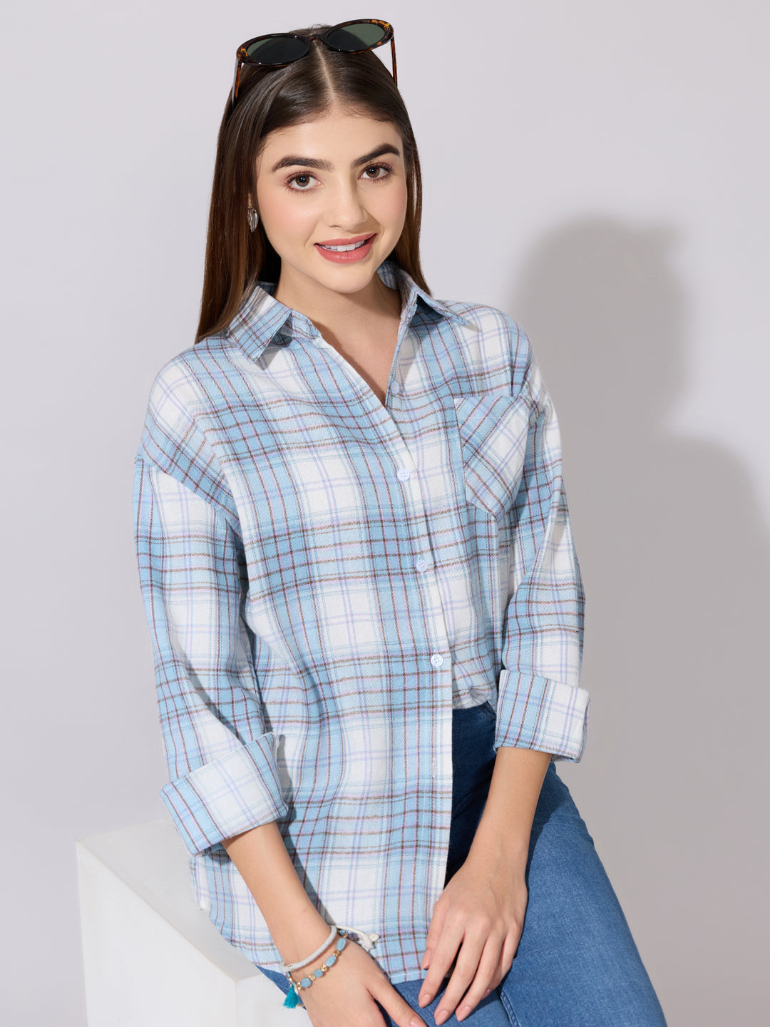 Women's Checked Blue Casual Button-Down Shirt