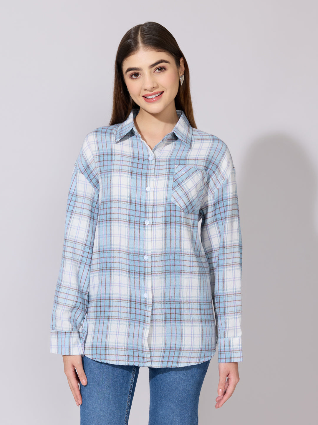 Women's Checked Blue Casual Button-Down Shirt