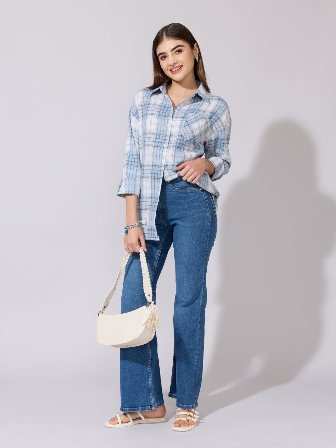 Women's Checked Blue Casual Button-Down Shirt