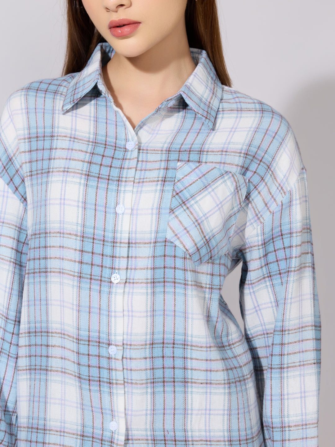 Women's Checked Blue Casual Button-Down Shirt
