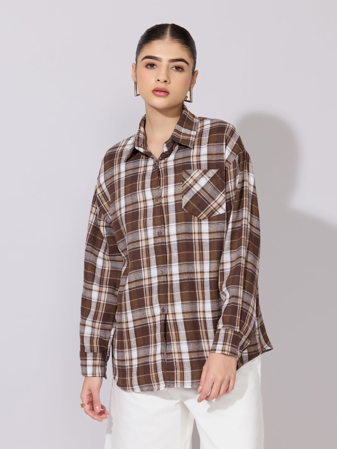 Women's Checked Brown Casual Button-Down Shirt