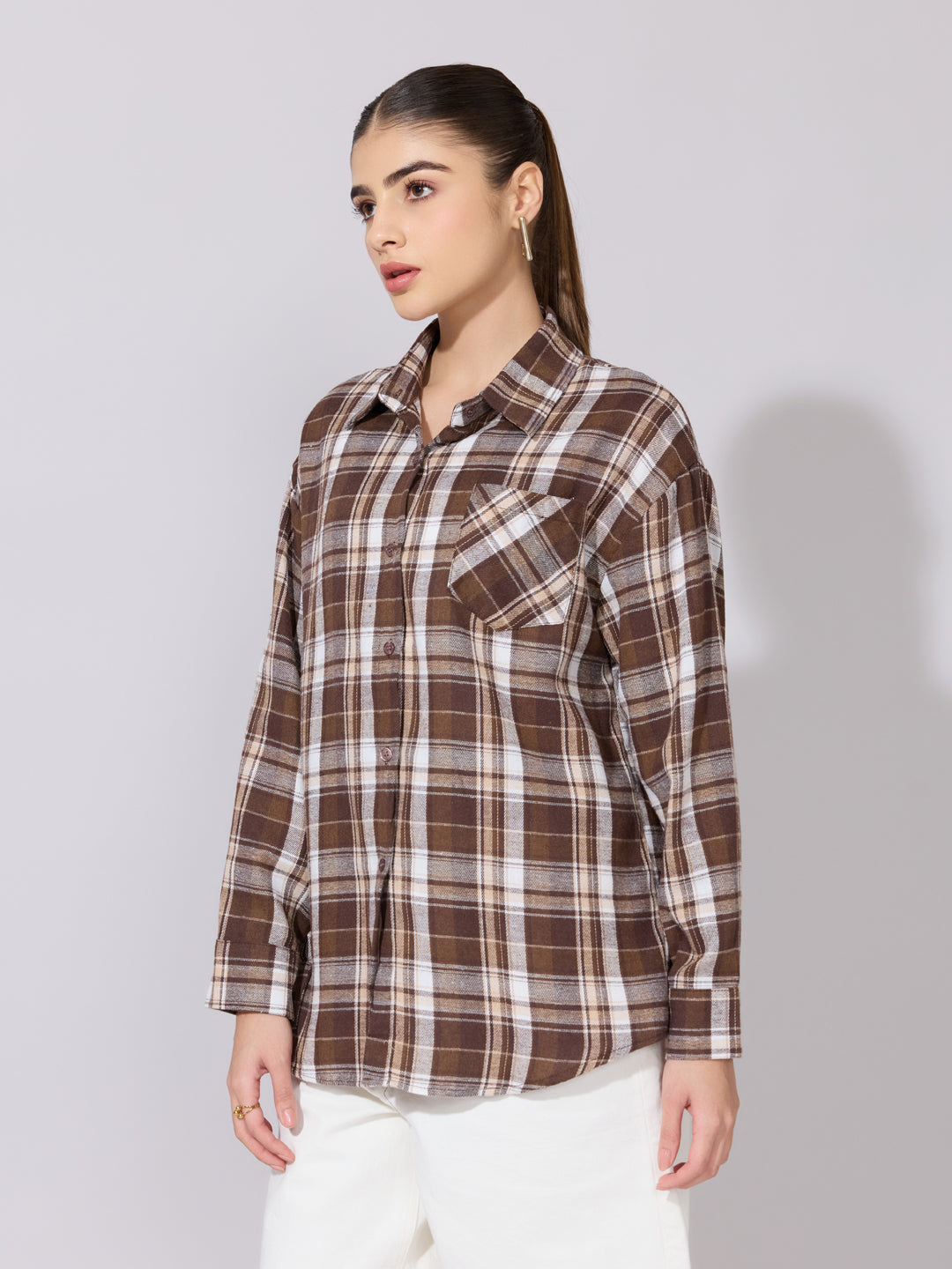 Women's Checked Brown Casual Button-Down Shirt