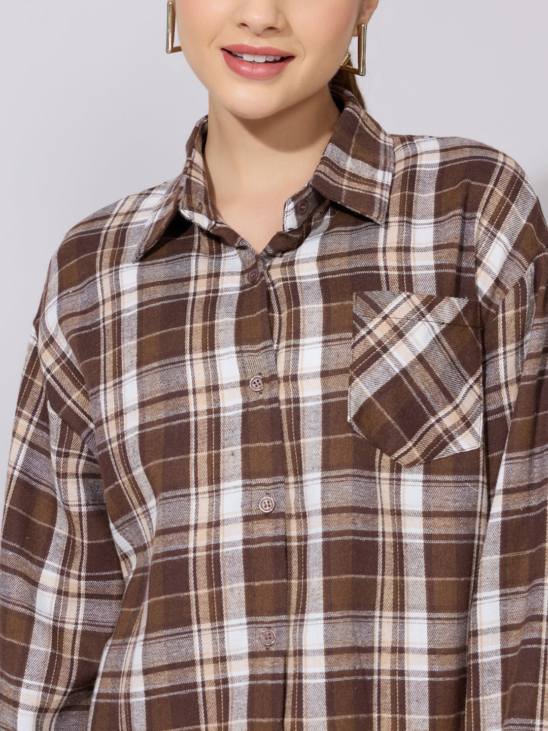 Women's Checked Brown Casual Button-Down Shirt