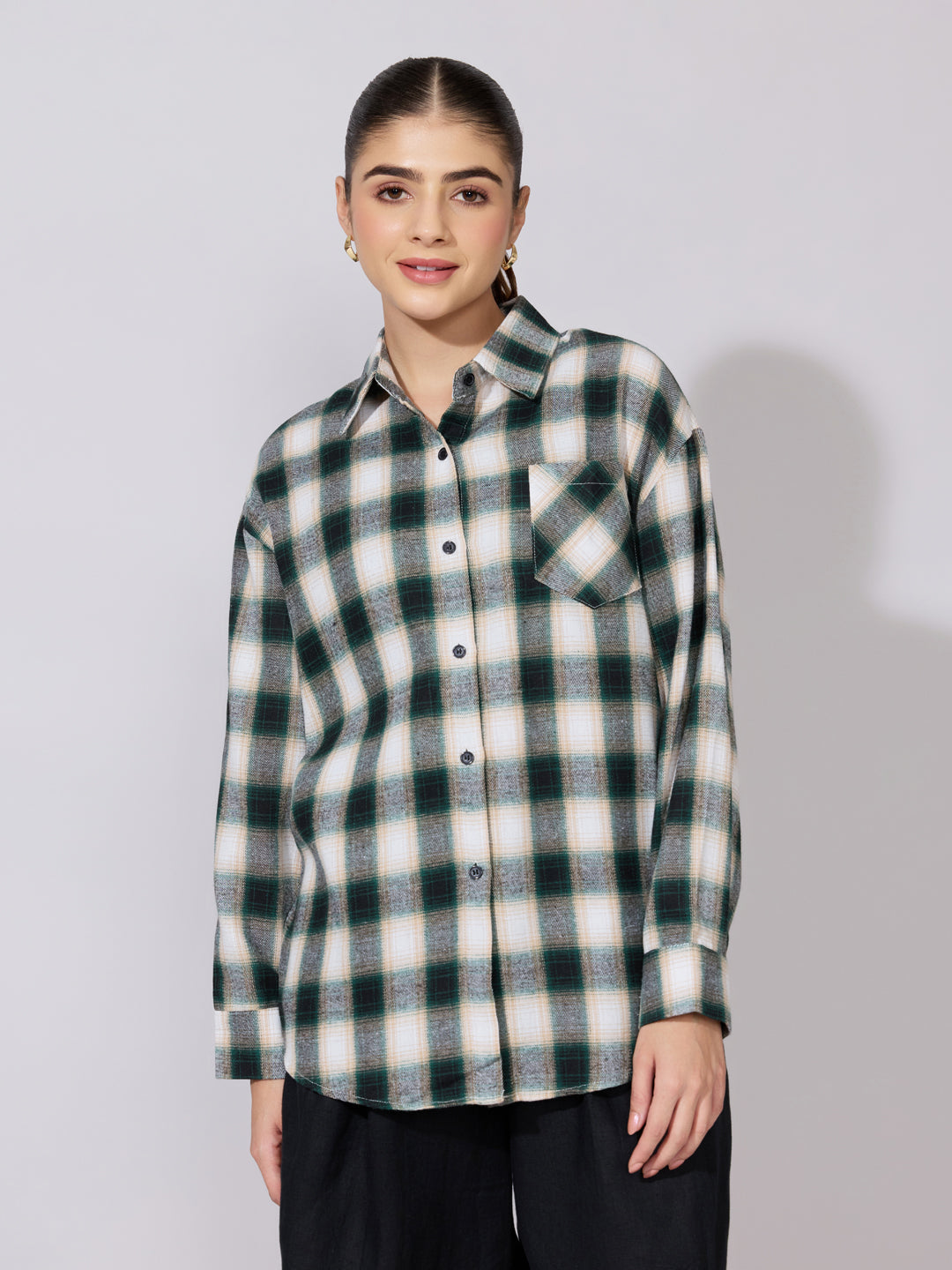 Women's Plaid Check Green Casual Button-Down Shirt