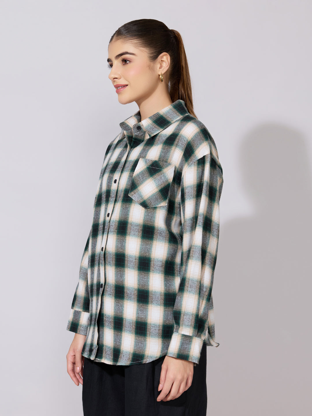 Women's Plaid Check Green Casual Button-Down Shirt