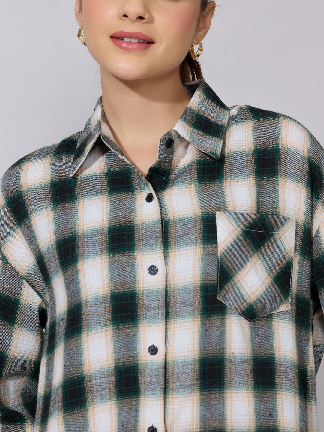 Women's Plaid Check Green Casual Button-Down Shirt