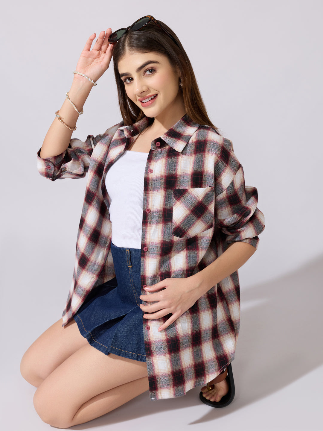 Women's Plaid Check Red Casual Button-Down Shirt