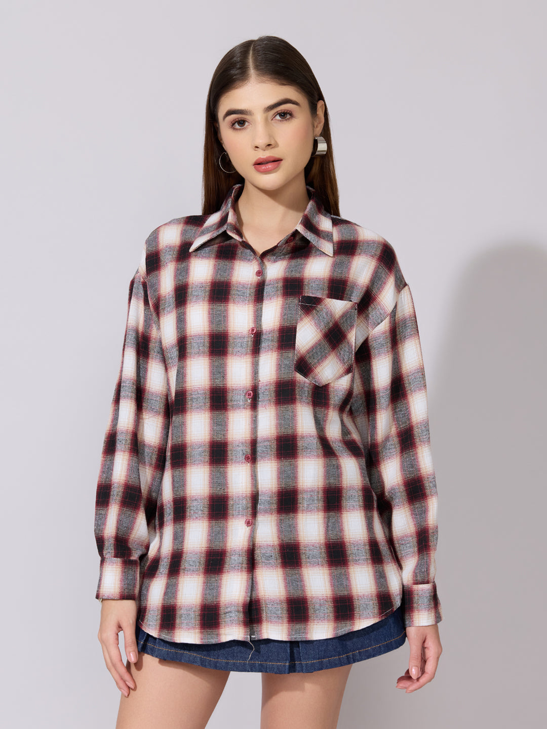 Women's Plaid Check Red Casual Button-Down Shirt