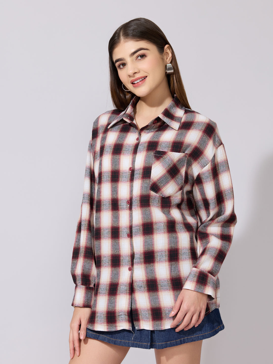 Women's Plaid Check Red Casual Button-Down Shirt
