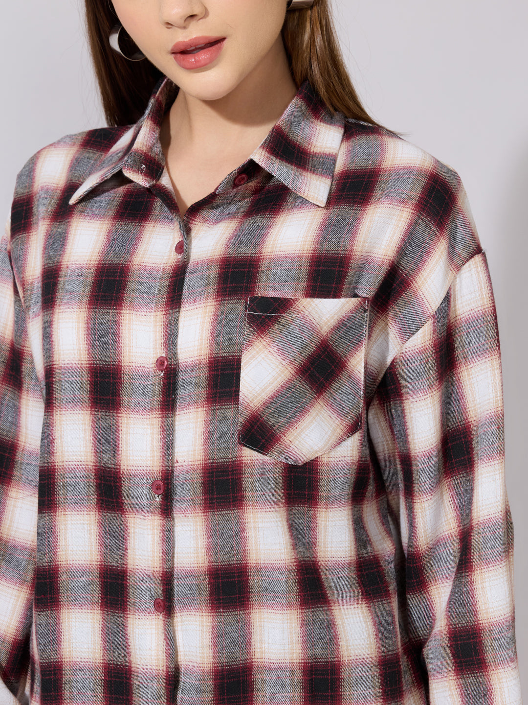 Women's Plaid Check Red Casual Button-Down Shirt