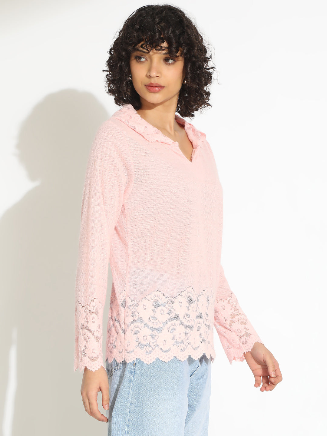 Women's Pink V-Neck Lace Trim Long Sleeve Hooded Top