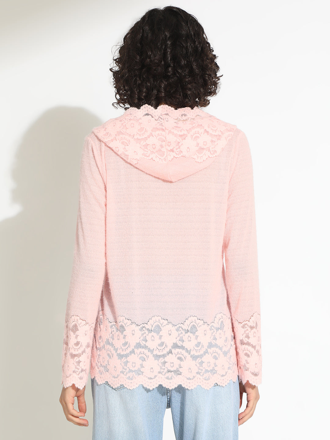 Women's Pink V-Neck Lace Trim Long Sleeve Hooded Top