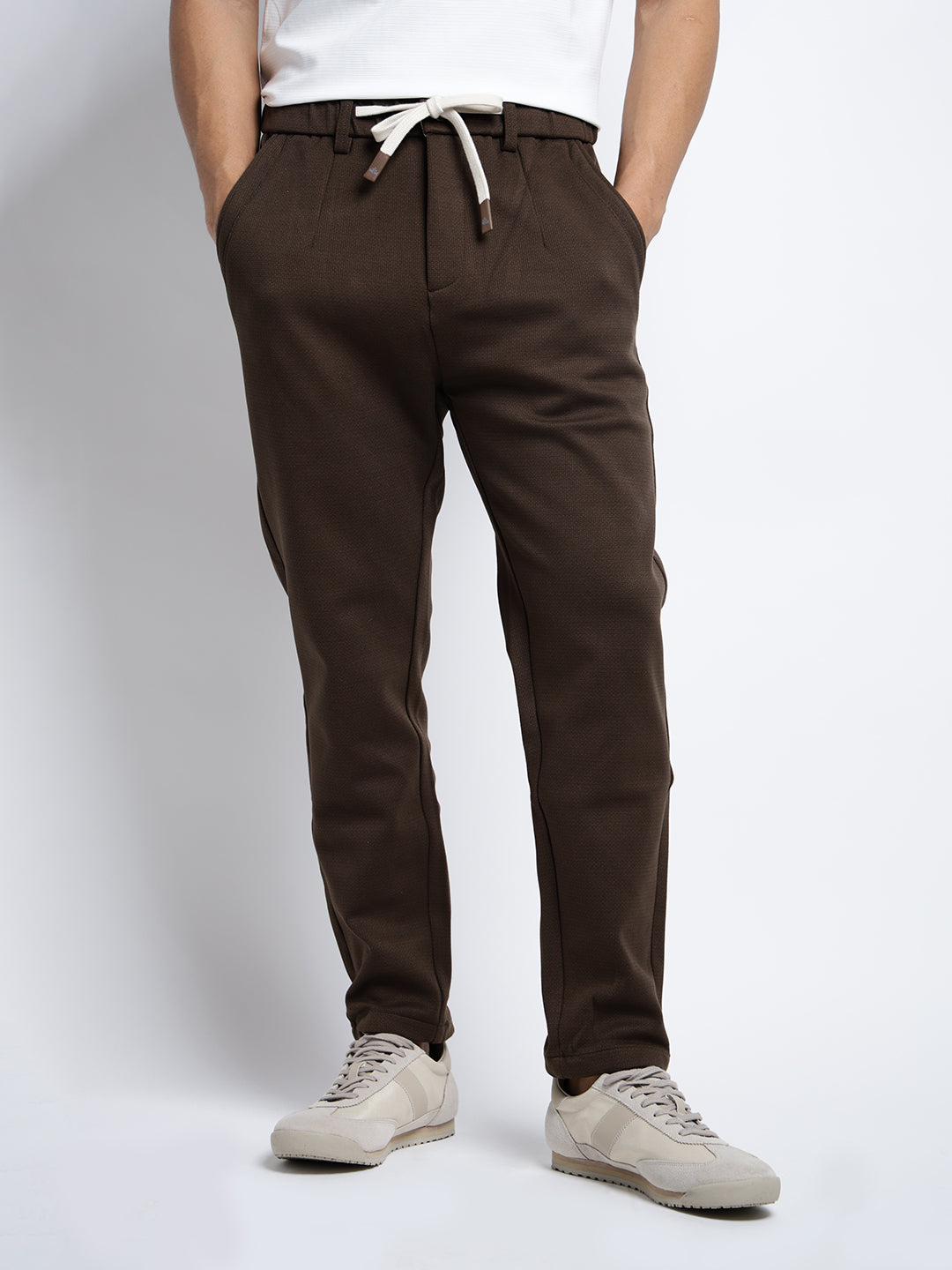 Men's Textured Brown Slim Fit Trousers