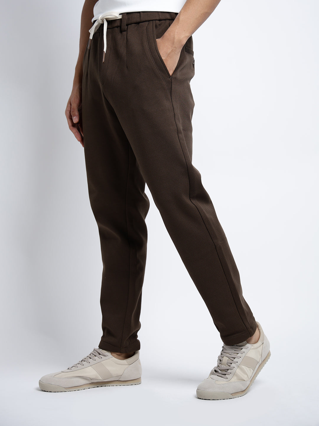 Men's Textured Brown Slim Fit Trousers