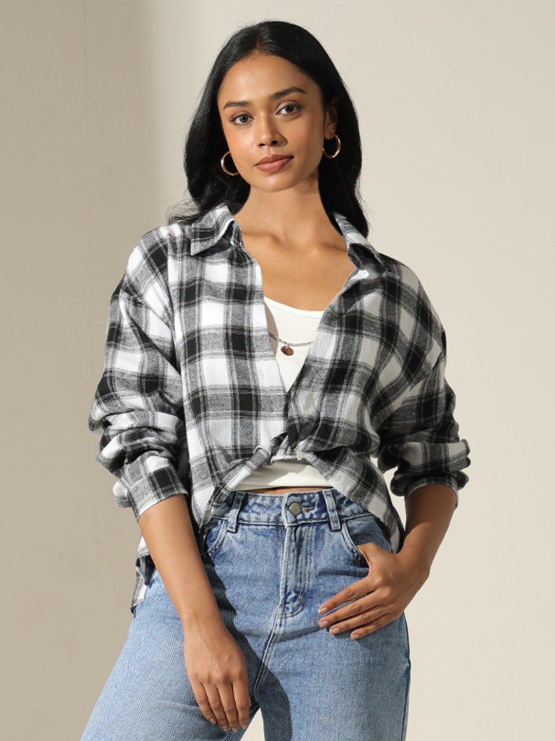 Women's Checked Black & White Shirt Style Top with Inner Tank Top & Chain