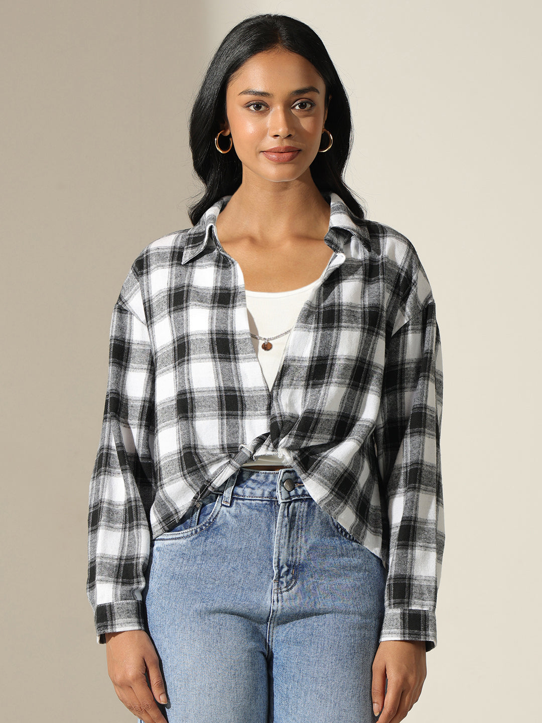 Women's Checked Black & White Shirt Style Top with Inner Tank Top & Chain