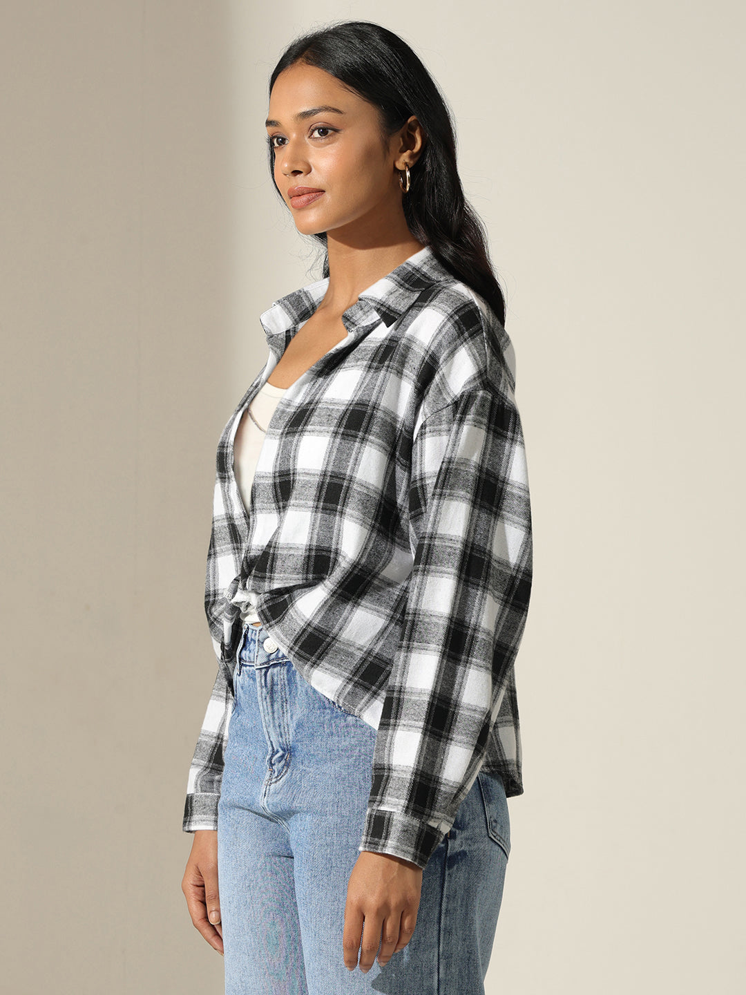 Women's Checked Black & White Shirt Style Top with Inner Tank Top & Chain