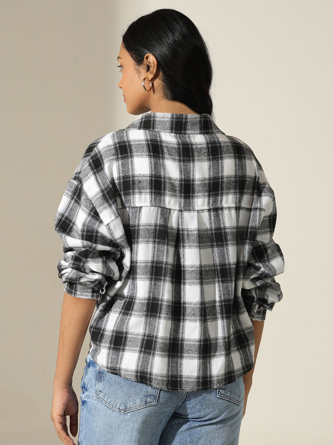 Women's Checked Black & White Shirt Style Top with Inner Tank Top & Chain