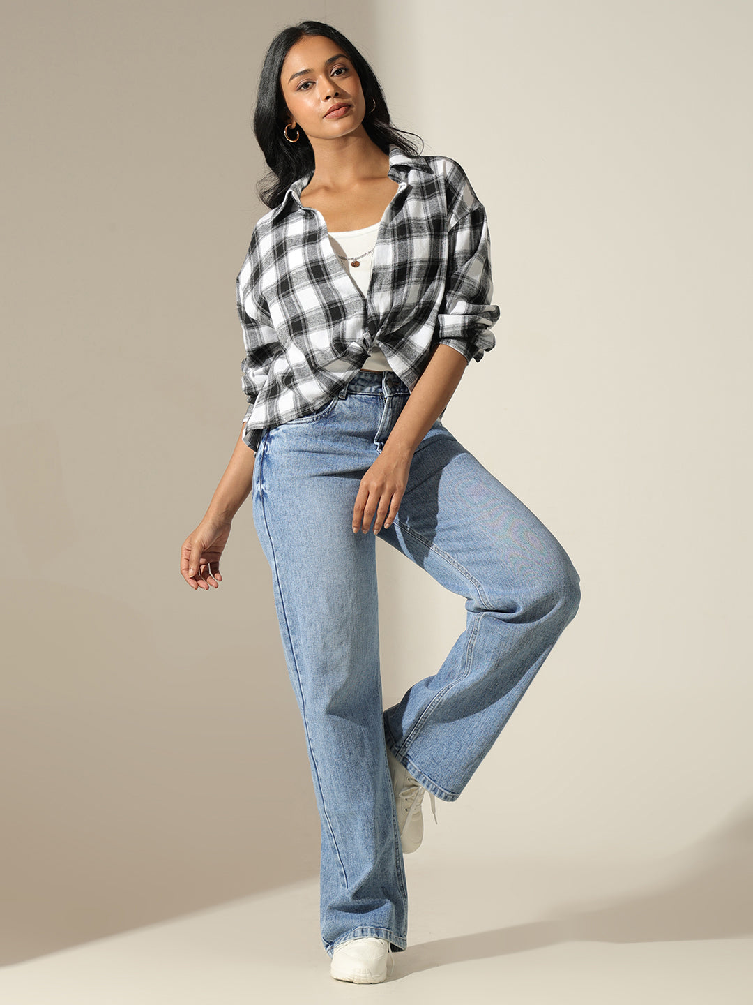 Women's Checked Black & White Shirt Style Top with Inner Tank Top & Chain