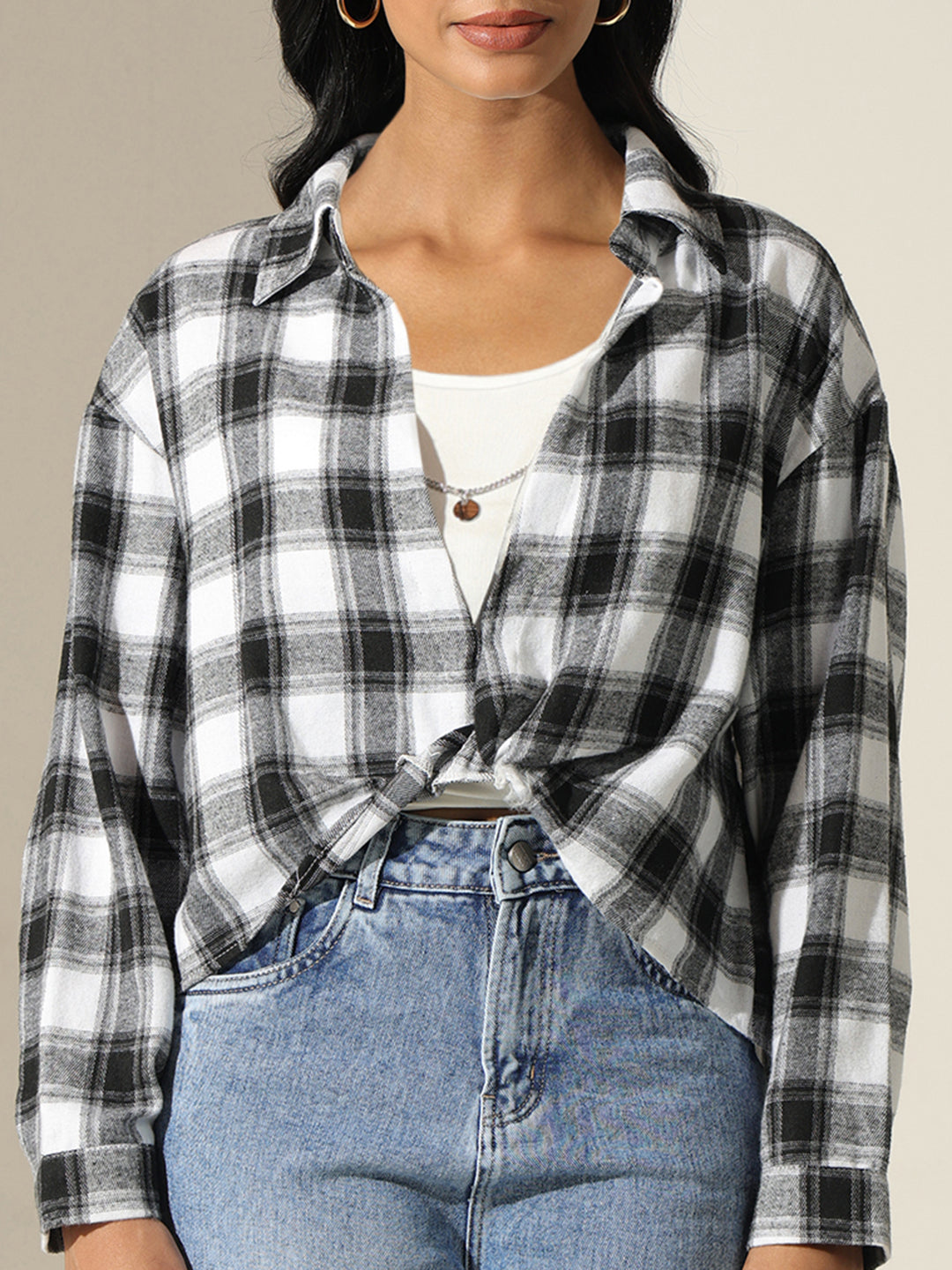 Women's Checked Black & White Shirt Style Top with Inner Tank Top & Chain