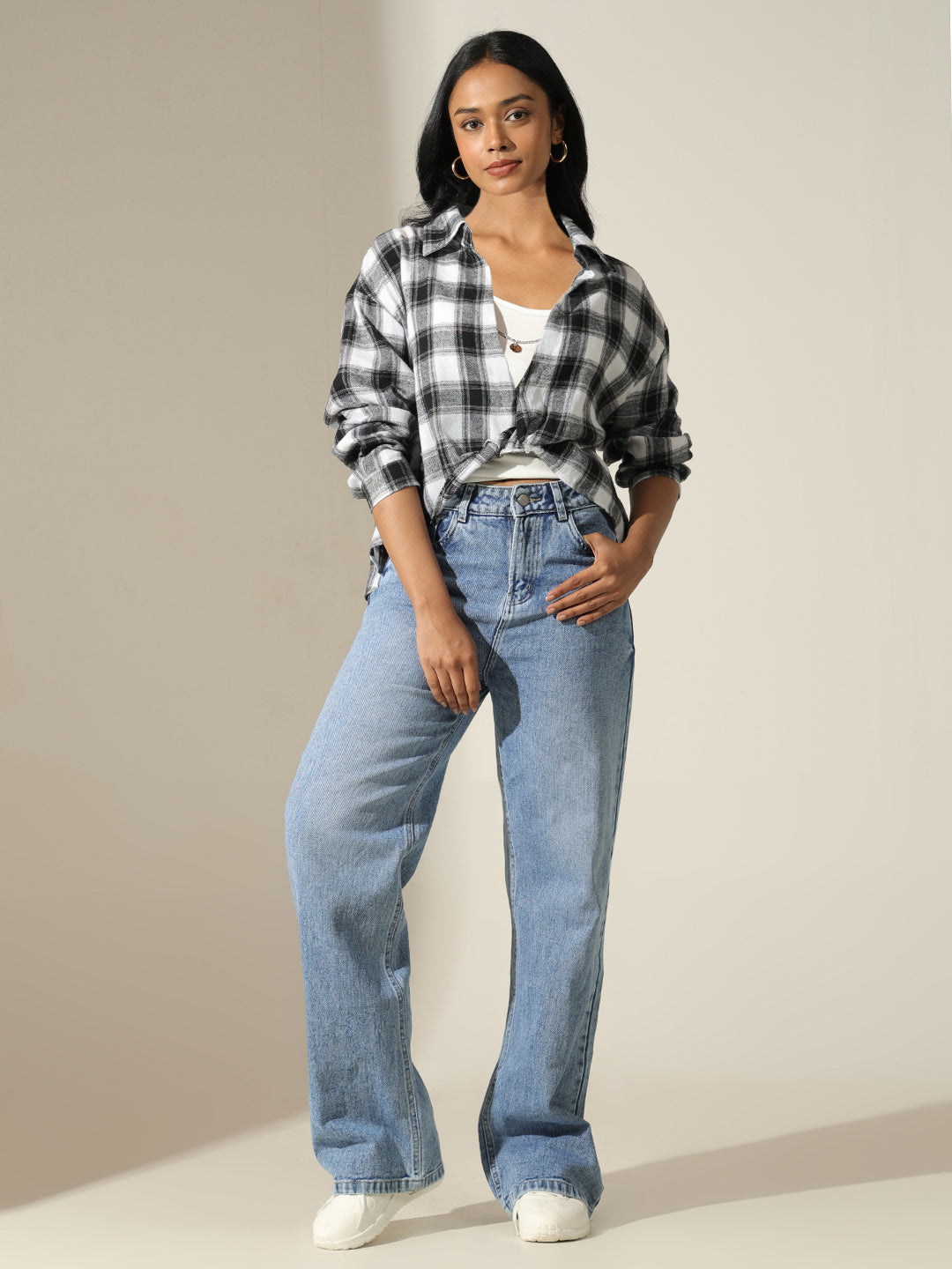 Women's Checked Black & White Shirt Style Top with Inner Tank Top & Chain