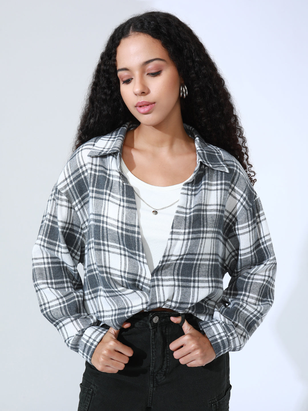 Women's Checked Grey Shirt Style Top with Inner Tank Top & Chain
