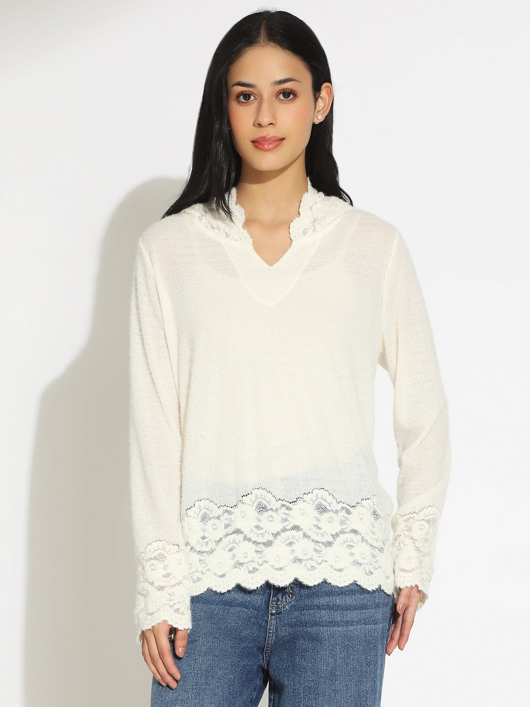 Women's Off-White V-Neck Lace Trim Long Sleeve Hooded Top