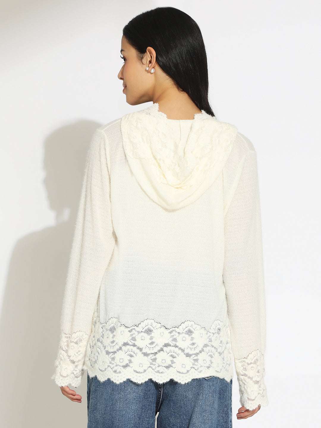 Women's Off-White V-Neck Lace Trim Long Sleeve Hooded Top