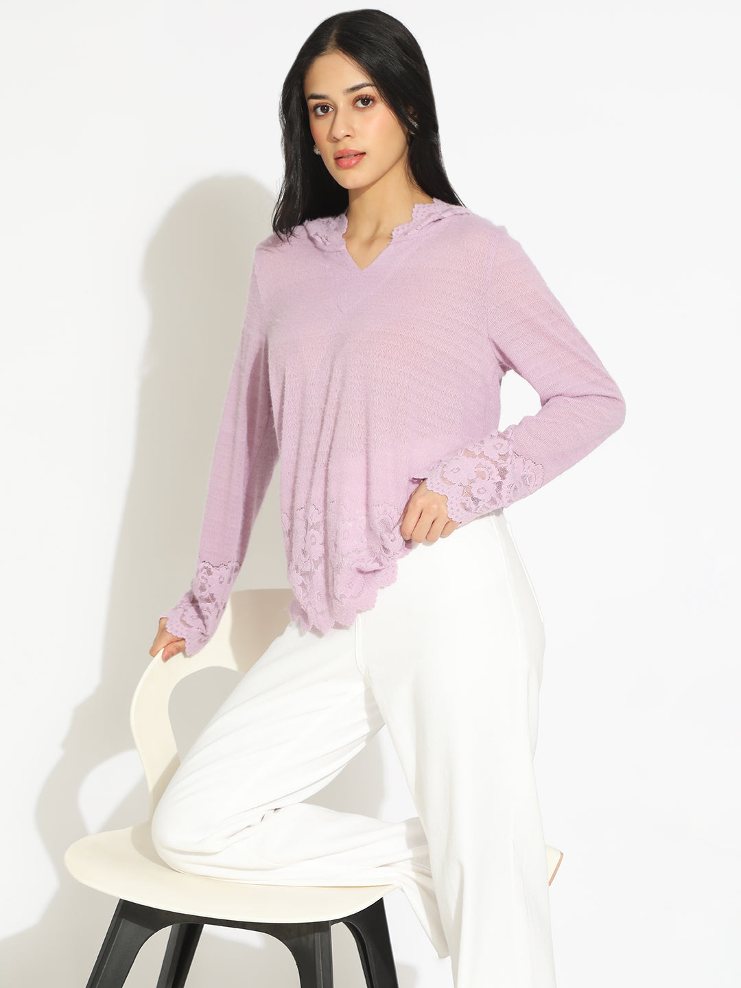 Women's Purple V-Neck Lace Trim Long Sleeve Hooded Top