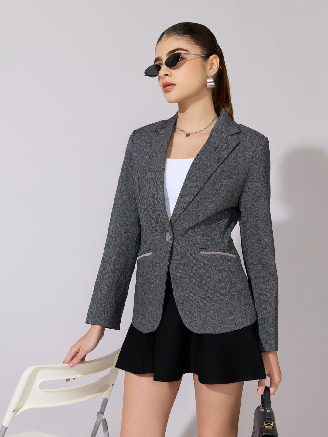 Women's Grey Blazer with Contrast Pocket Trim