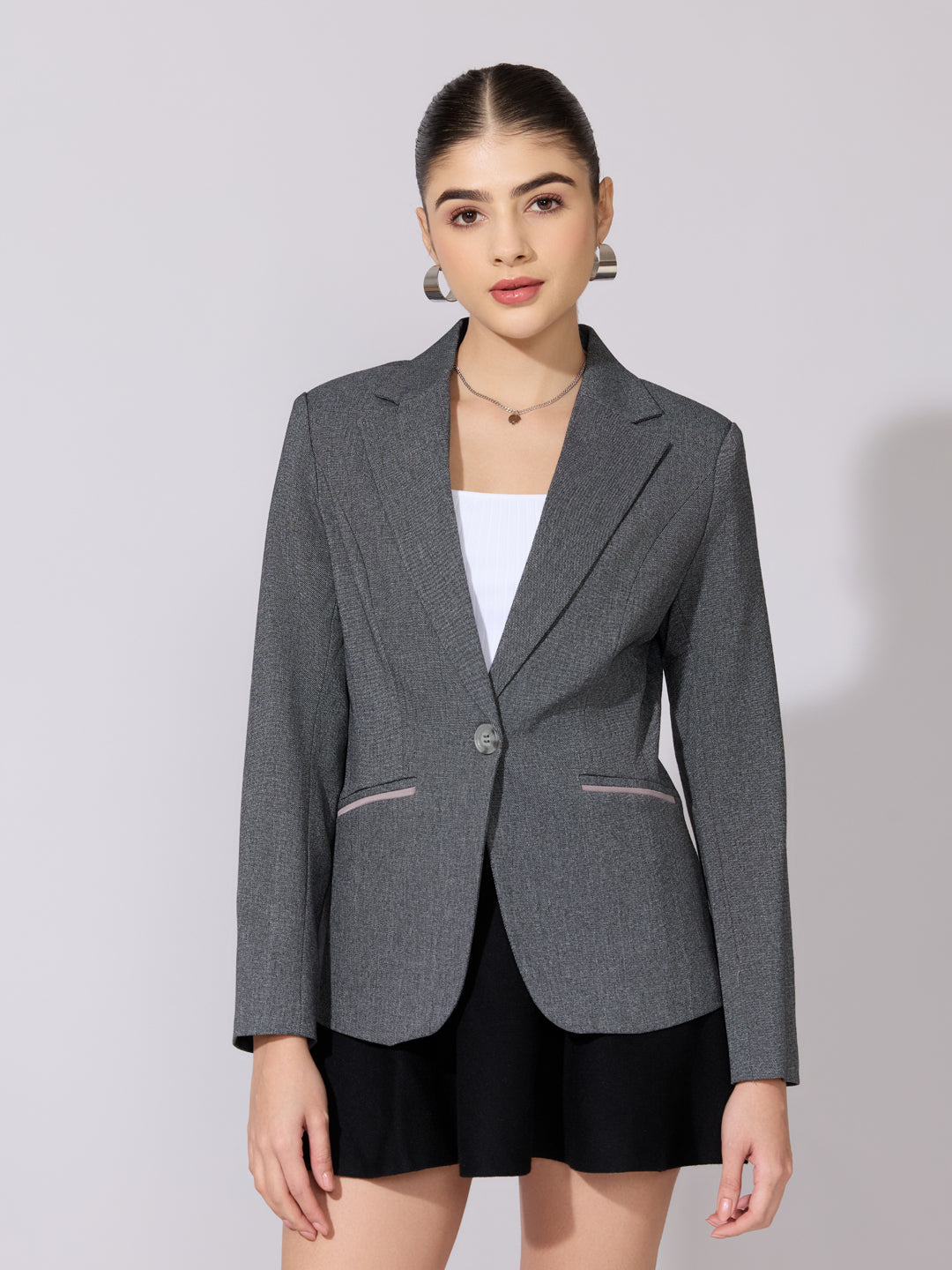 Women's Grey Blazer with Contrast Pocket Trim