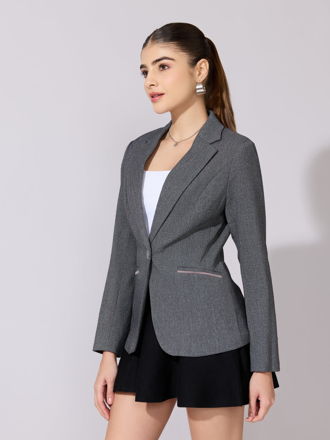 Women's Grey Blazer with Contrast Pocket Trim