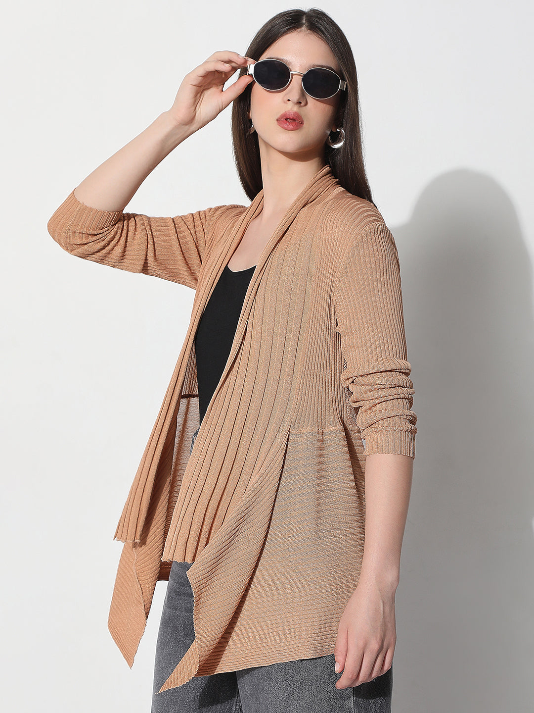 Women's Ribbed Beige Longline Asymmetric Hem Shrug
