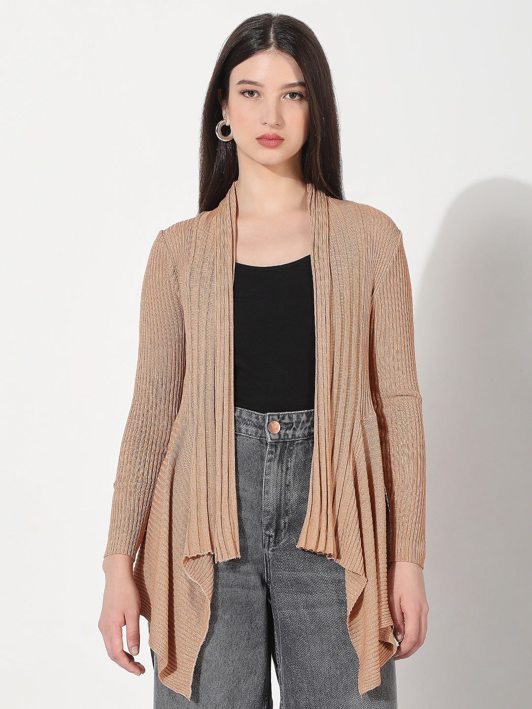 Women's Ribbed Beige Longline Asymmetric Hem Shrug