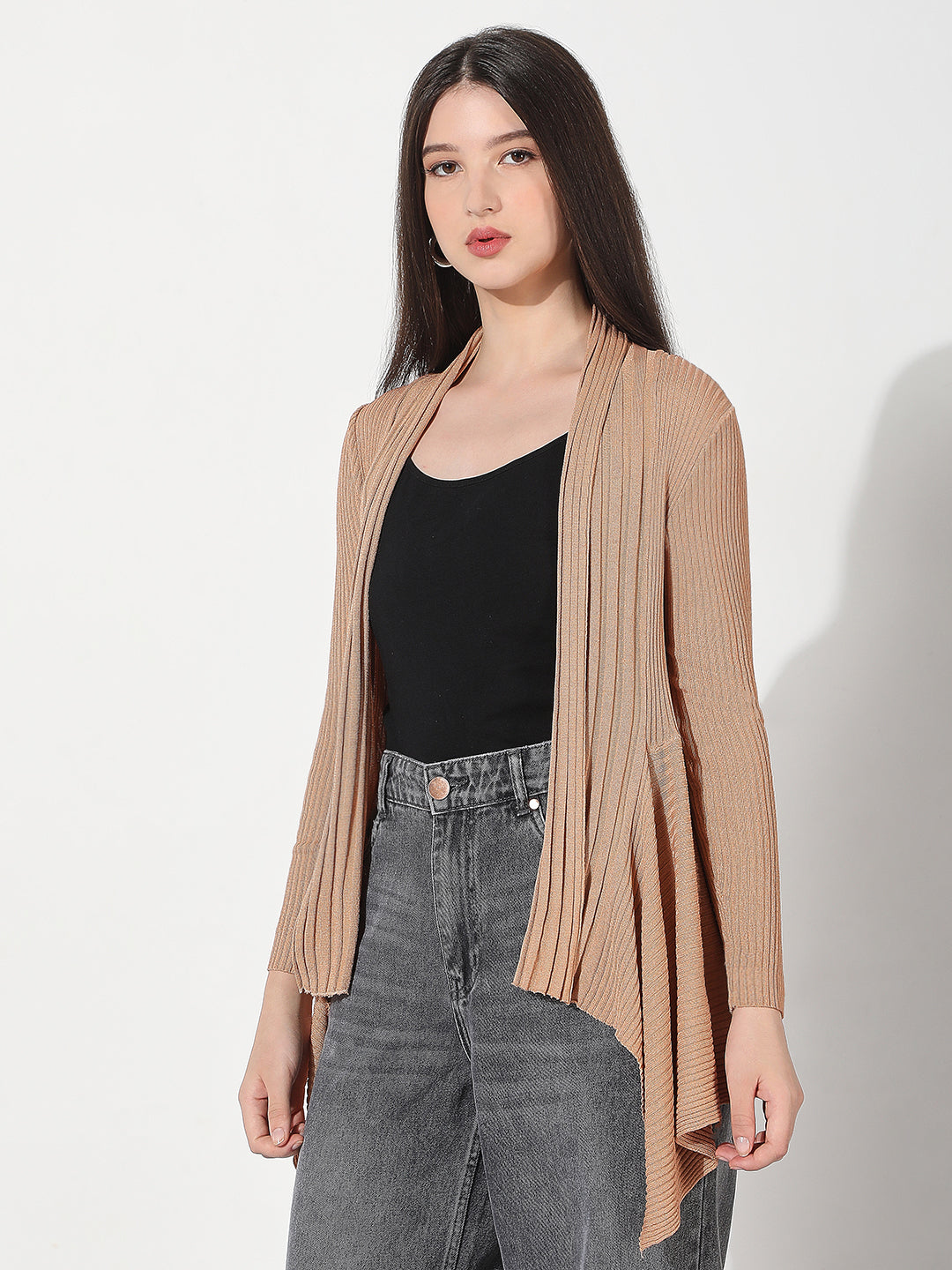 Women's Ribbed Beige Longline Asymmetric Hem Shrug