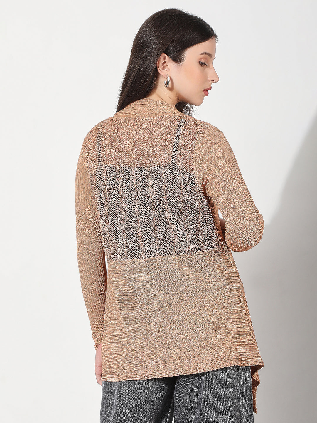 Women's Ribbed Beige Longline Asymmetric Hem Shrug