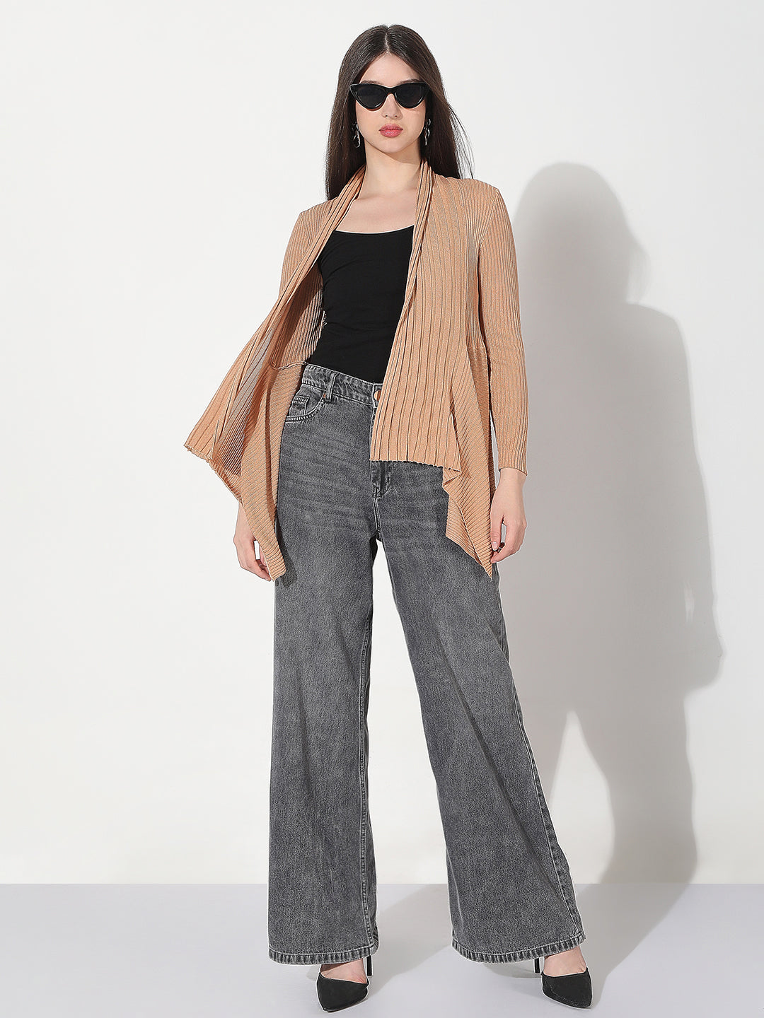 Women's Ribbed Beige Longline Asymmetric Hem Shrug