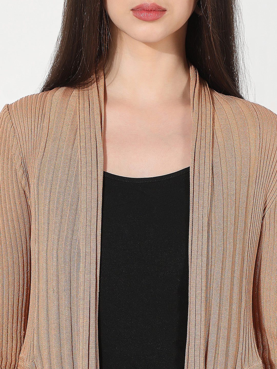 Women's Ribbed Beige Longline Asymmetric Hem Shrug