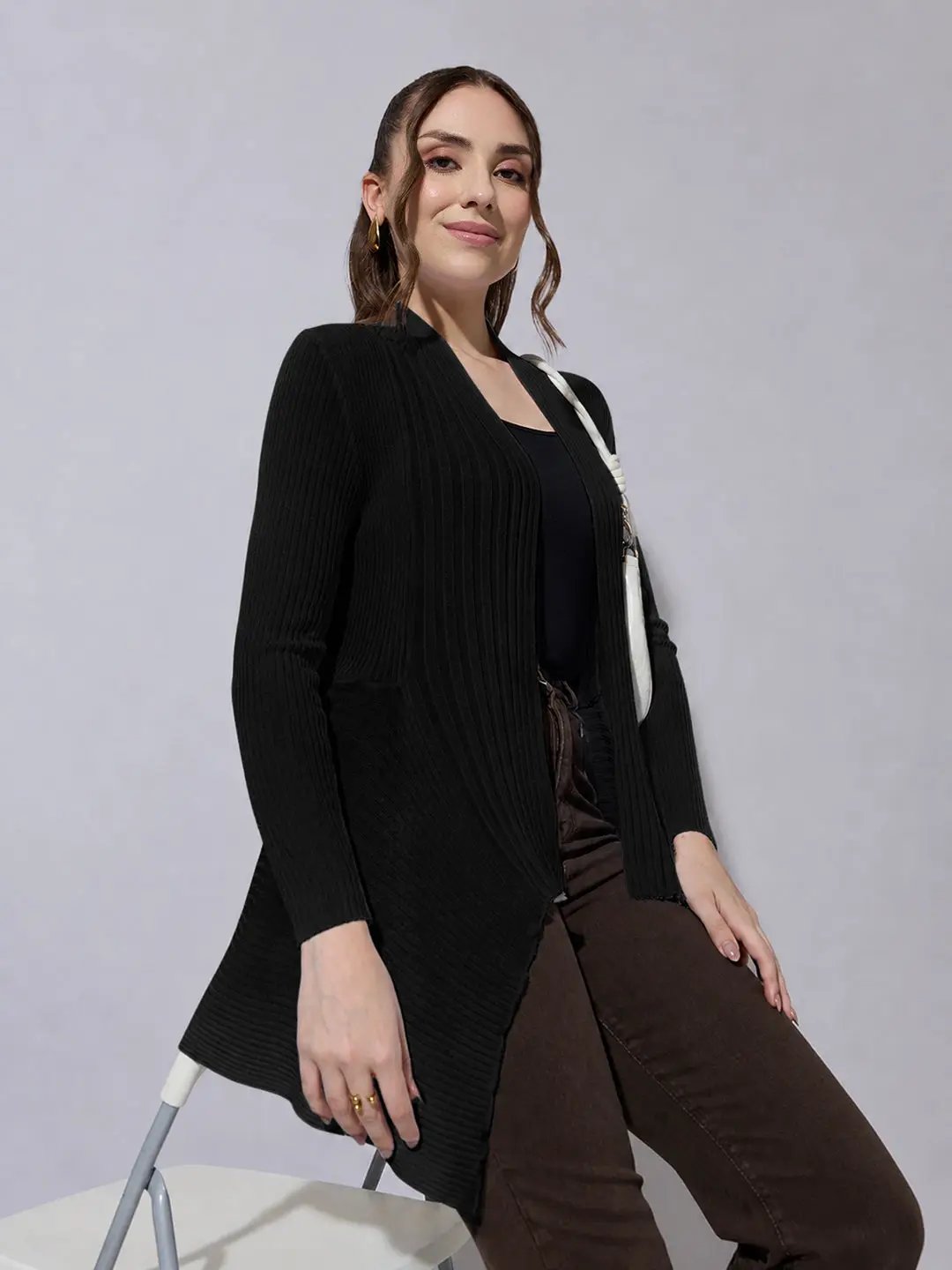 Women's Ribbed Black Open Front Shrug