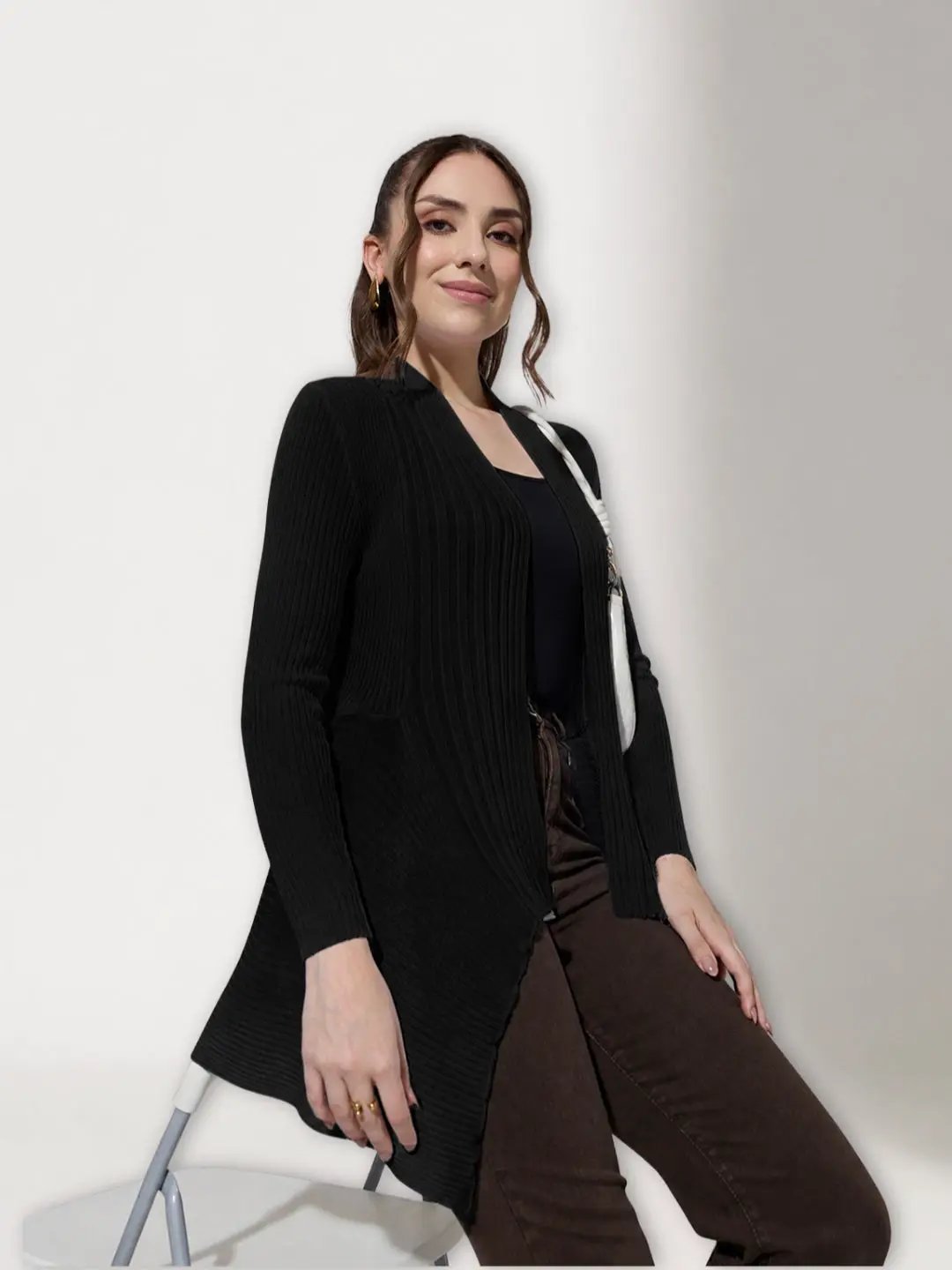 Women's Ribbed Black Open Front Shrug