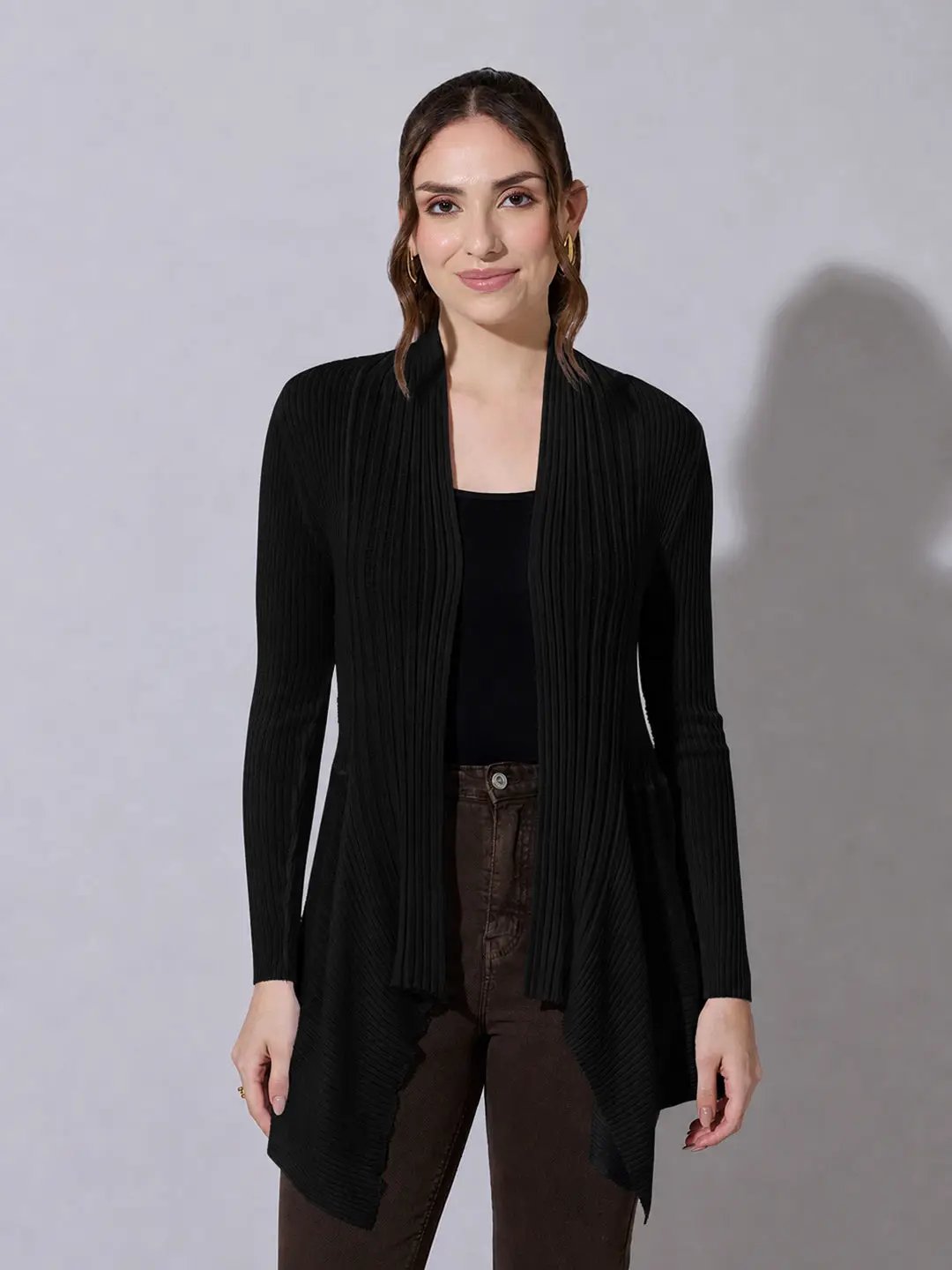 Women's Ribbed Black Open Front Shrug