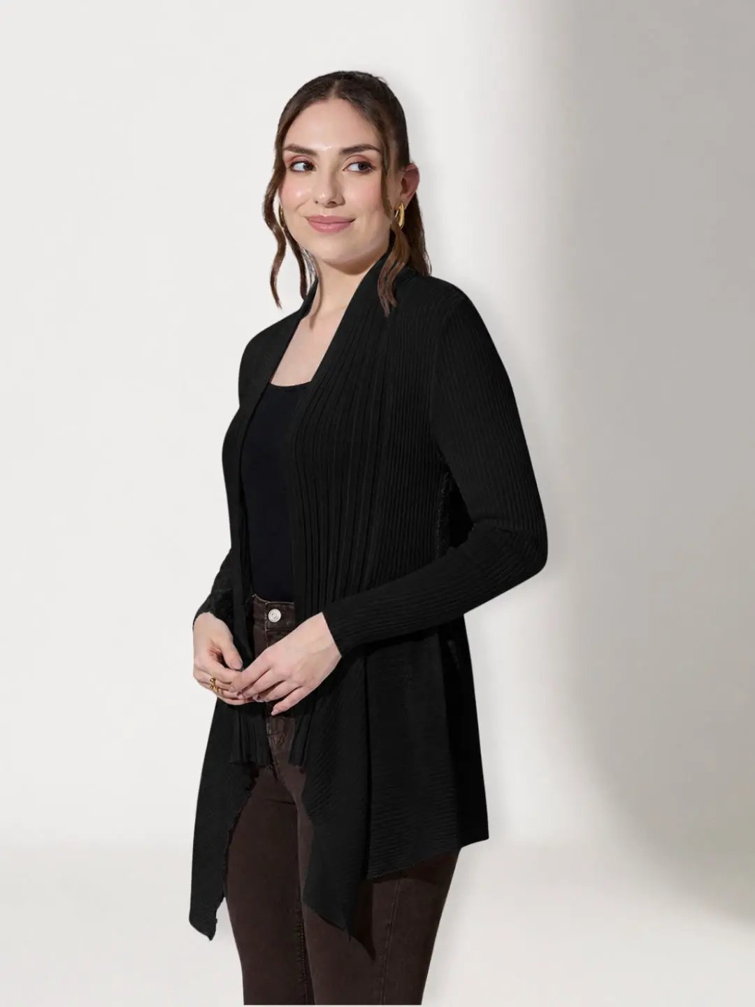 Women's Ribbed Black Open Front Shrug