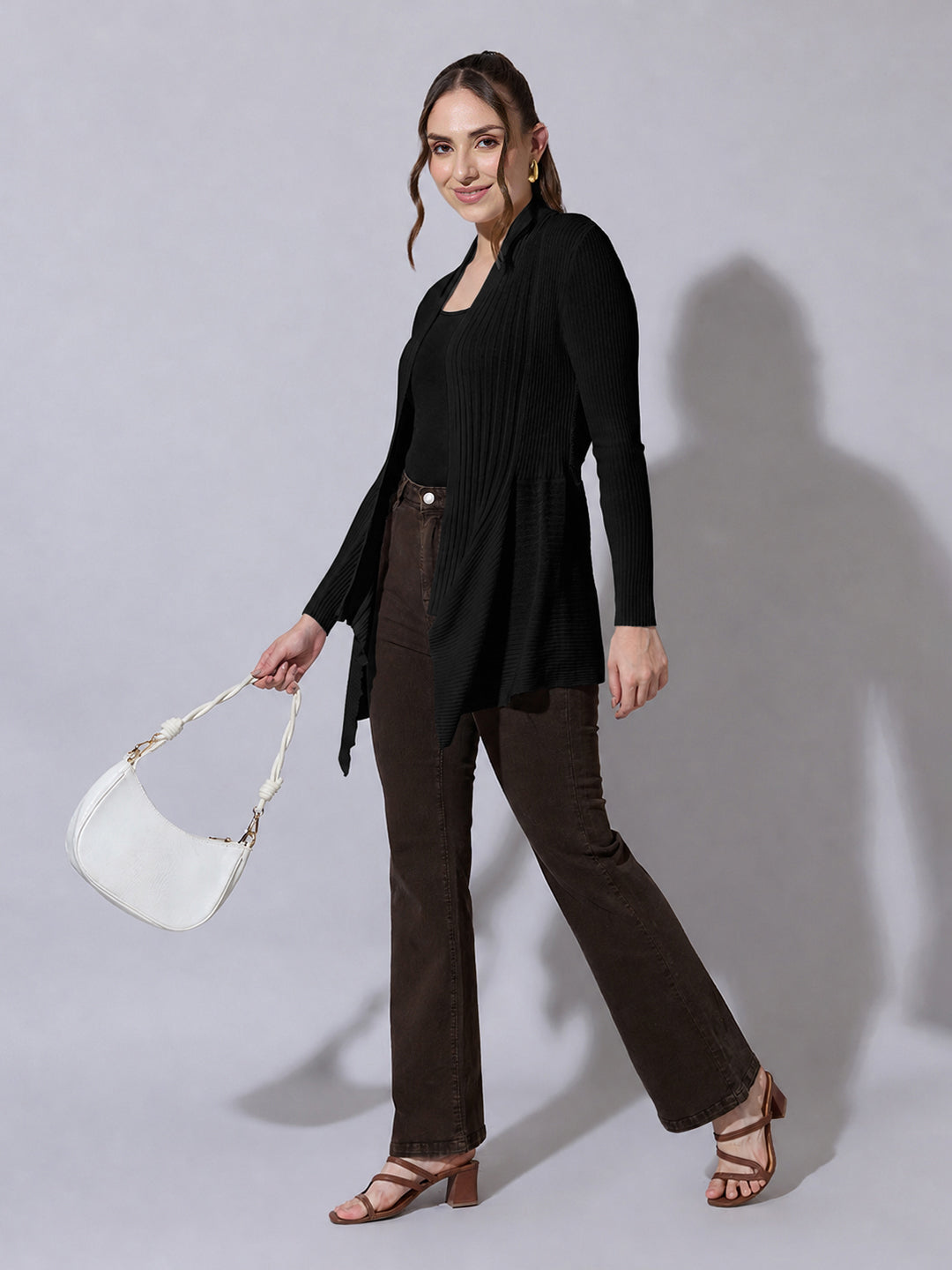 Women's Ribbed Black Open Front Shrug