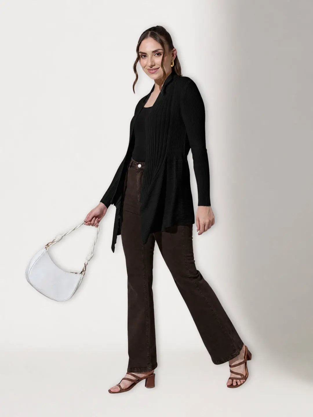 Women's Ribbed Black Open Front Shrug