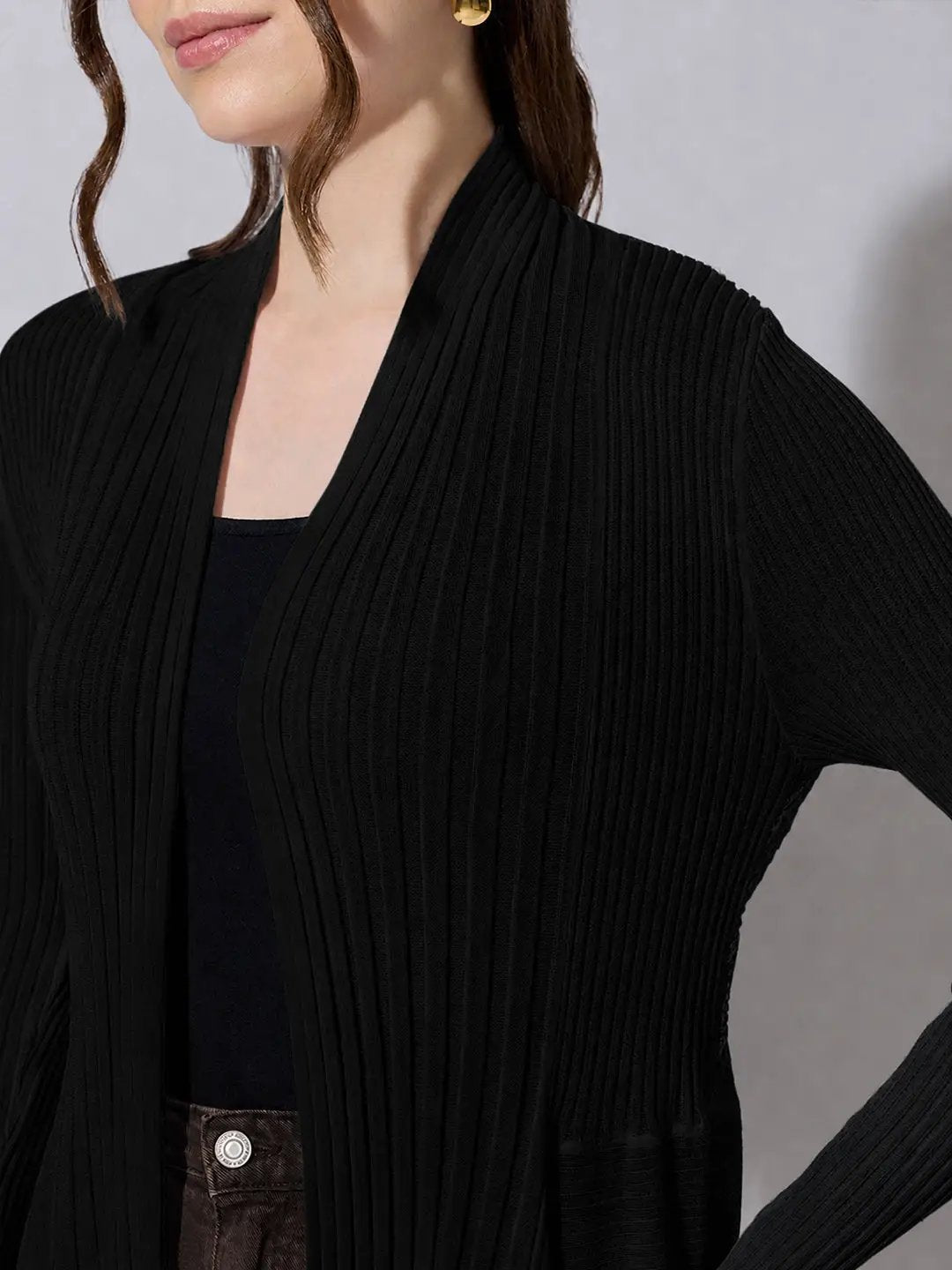 Women's Ribbed Black Open Front Shrug