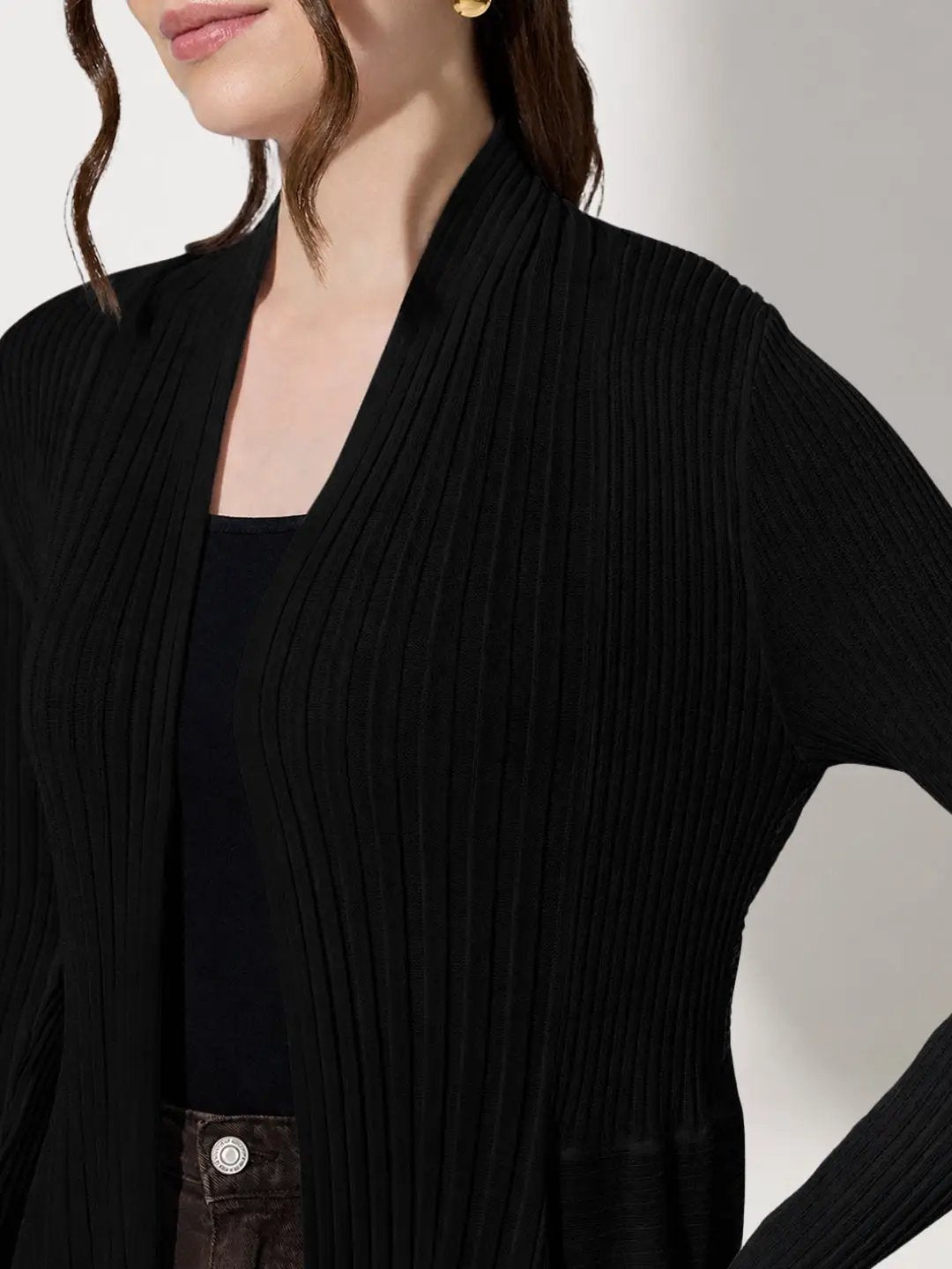 Women's Ribbed Black Open Front Shrug